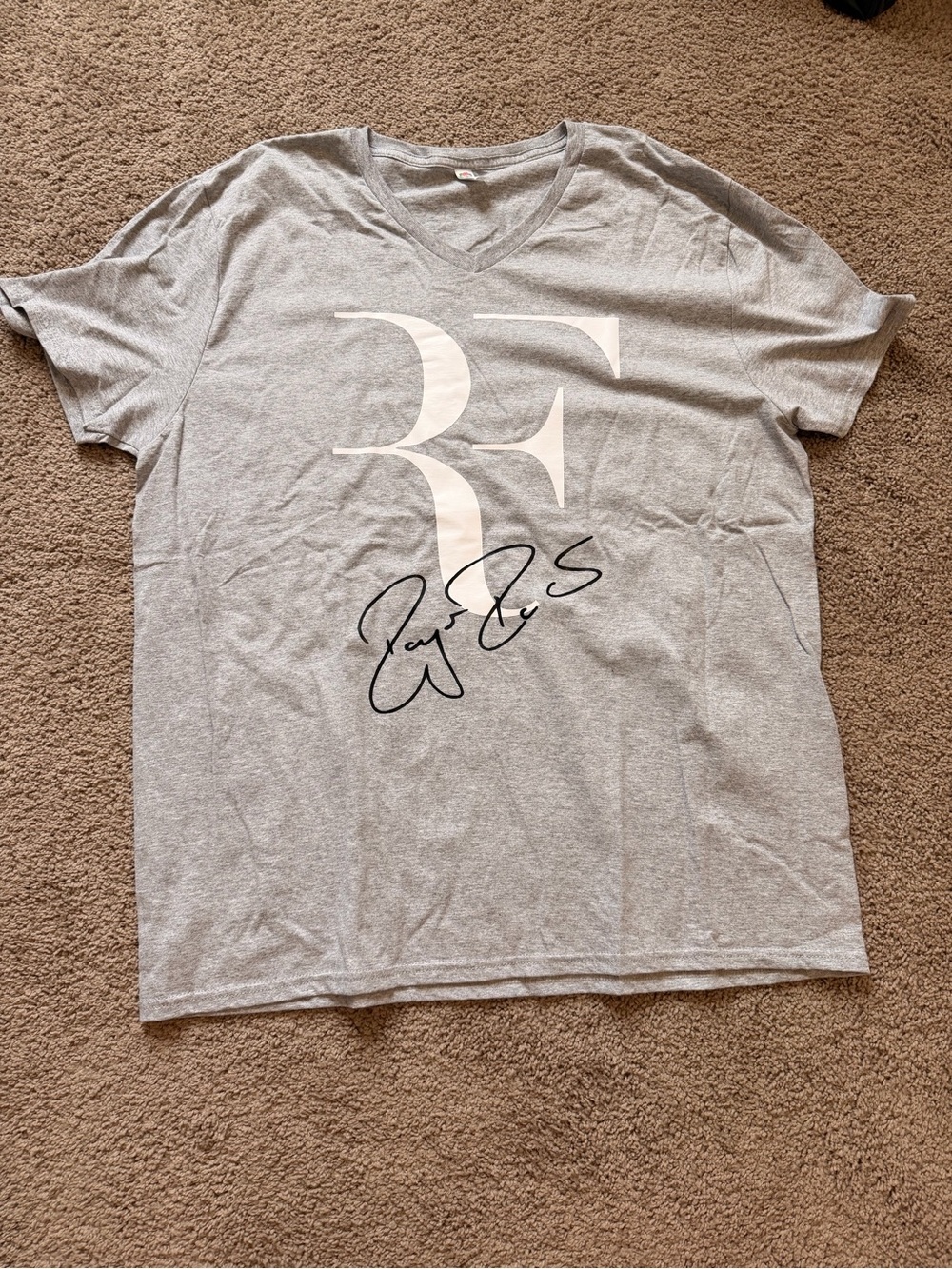 Fruit of the Loom Gray V-Neck Tee with White Graphic and Black Signature